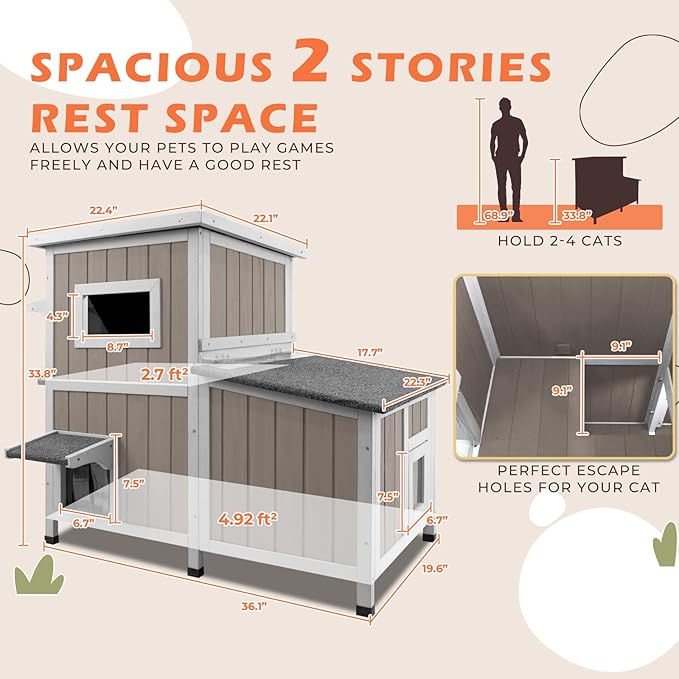 36.1" L Outdoor Cat House,2 Story Wooden Outdoor Cat Shelter with 3 Escape Doors,Weatherproof Fir Wood Feral Cat House with 2 Big Rest Rooms & Openable Asphalt Roof for 2-3 Cats