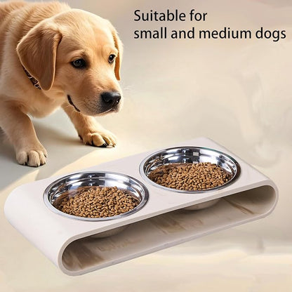 Beige Marble Elevated Dog Bowls Set - 2 Thick 6" Stainless Steel Puppy Food Bowl with Non-Slip Raised Holder Stand, Double Feeding Bowls for Food and Water, Suitable for Cats and Small Medium Pet