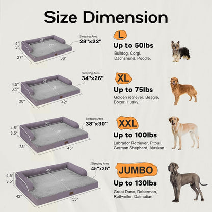 Large Dog Bed Orthopedic Washable, Orthopedic Dog Beds for Large Dogs with Washable Cover, Removable Bolster and Non-Slip Bottom Purple Pet Beds for XXXLarge Extra Large Dogs