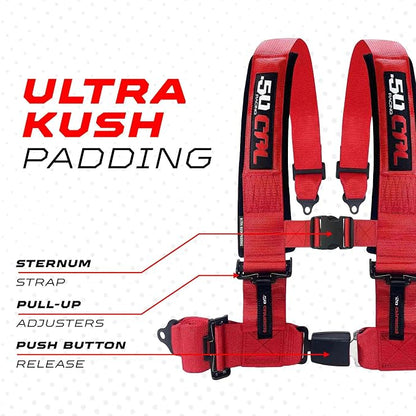 1pc 50 Cal Red 4 Point Harness 3in Straps, Racing Harness Seat Belt | Ultra Kush padding, Push Button quick release hardware. Universal Fit for UTV, RZR, race car.