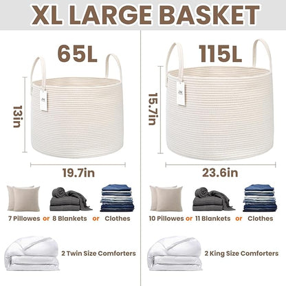 115L Extra Large Blanket Basket for Living Room - Woven Cotton Rope Laundry Hamper with Reinforced Handles - Storage Bin for Pillows, Comforters & Toys - Machine Washable,White