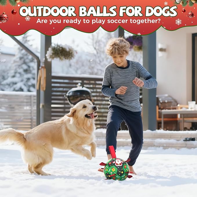 QDAN Christmas Dog Toys: Soccer Ball with Straps for Outdoor Play, Tug of War- Dog Birthday Gift, 8 Inch Balls for Medium & Large Dogs