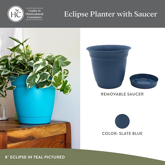 The HC Companies Eclipse Round Planter with Saucer - Outdoor & Indoor Plant Pot with Drainage Holes - Lightweight, UV-Resistant Plastic Pots for Plants, Flowers & Herbs (10" Slate Blue, Pack of 1)