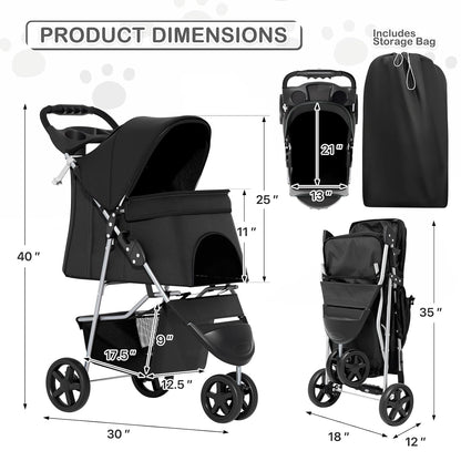 MoNiBloom Foldable Pet Stroller with Weather Cover, 3 Wheels Pet Strolling Cart for Small/Medium Dogs and Cats with Storage Basket and Cup Holder, Breathable and Visible Mesh for All-Season, Black