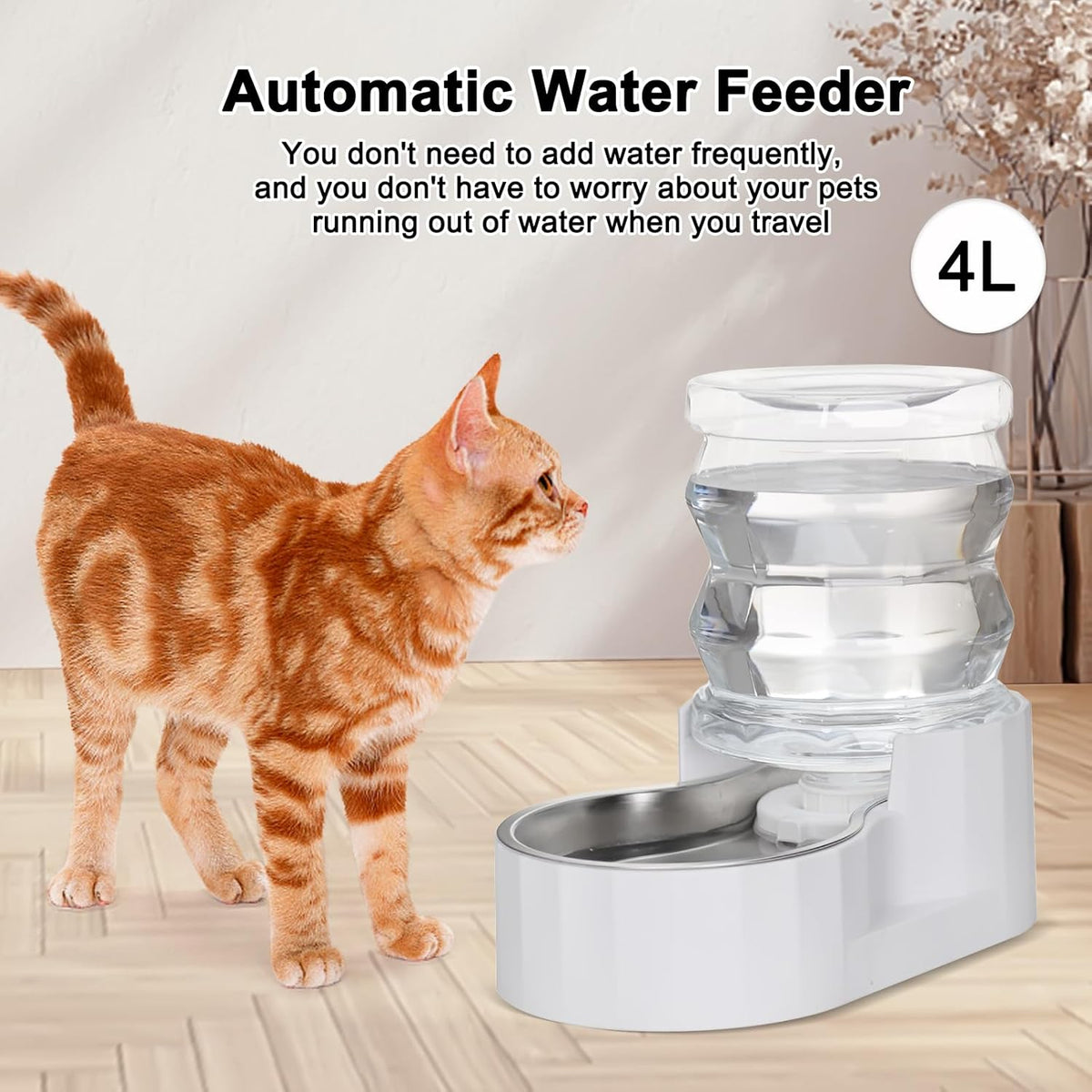 RIZZARI Pet Water Bowl Dispenser: 4L Automatic Stainless Steel Gravity Feeder - Large Capacity Ideal for Cats and Small Dogs - Indoor and Outdoor Hydration