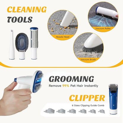 NEWBULIG Pet Grooming Vacuum Kit for Cats and Dogs, 2.5L Dust Cup | 3 Suction Modes and 5 Groomer Tools, Low Noise for Cats, Dogs Other Animals Hair Trimmer, White and Blue