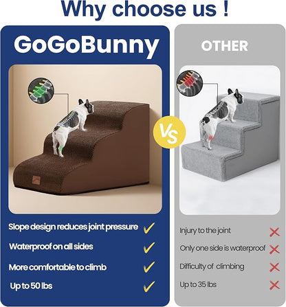 GoGoBunny Ramp Dog Stairs for Couch Sofa and Chair 15.7" H, 3-Step Pet Steps for Small Dogs and Cats, Non-Slip Waterproof Fabric Cover, Stable and Balanced Indoor Step, Pets Friendly, Brown