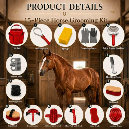 Horse Grooming Kit, 15-Piece Horse Brush Set with Red Tote Bag, Long Shedding Blade, Hoof Pick, Curry Comb, Sweat Scraper, Mane and Tail Comb, Gloves, Equine Grooming Supplies
