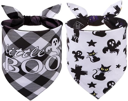 SCENEREAL Halloween Dog Bandanas 2 Pack, Puppy Fall Triangle Bibs Handkerchief Ghost Black Cat, Reversible Holiday Dog Bandana for Boy and Girl, Premium Pet Scarf for Small Medium Large Dogs L