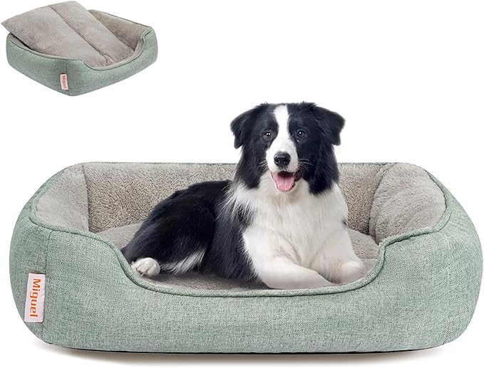 Miguel Faux Linen Dog Bed with Removable Cushion Pillow for Medium Small Dogs, Washable Pet Bed with Side Easy to Wash Puppy Bed, Rectangle Cat Bed for Indoor Cat with Anti-Slip Bottom, Green 35 Inch