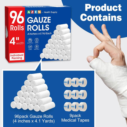 AZEN 96 Pack Gauze Rolls Bandages, 4 in x 4.1 Yards, Premium Medical Supplies & First Aid Supplies, Bandage Wrap Vet Wrap, Mummy Wraps