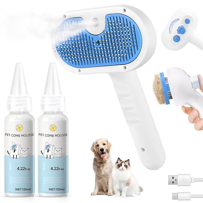 Pet Steam Brush for Dog & Cat - 3-in-1 Steam Grooming Brush for Shedding & Hair Removal - Self Cleaning Spray Comb with Mist for Long Haired Pets - Includes 2*Waterless Shampoo, Blue