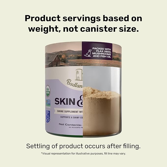 Badlands Ranch - Skin & Coat Canine Supplement w/Omega-3 Fatty Acids, Org. Ingredients, Antioxidant Topper, Nourish Coat &Paws, Joint, Support Shiny Coat & Healthy Skin by Katherine Heigl (30 Scoops)