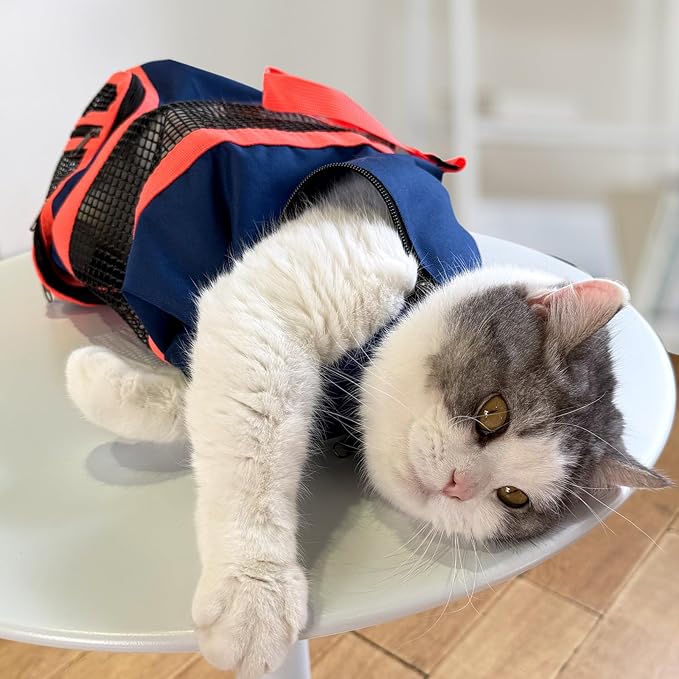 Cinf Cat Nail Clipping Cleaning Grooming Restraint Bag (Free Muzzle) Set No Scratching Biting for Bathing Nail Trimming Injecting Examining(Navy Blue,L)