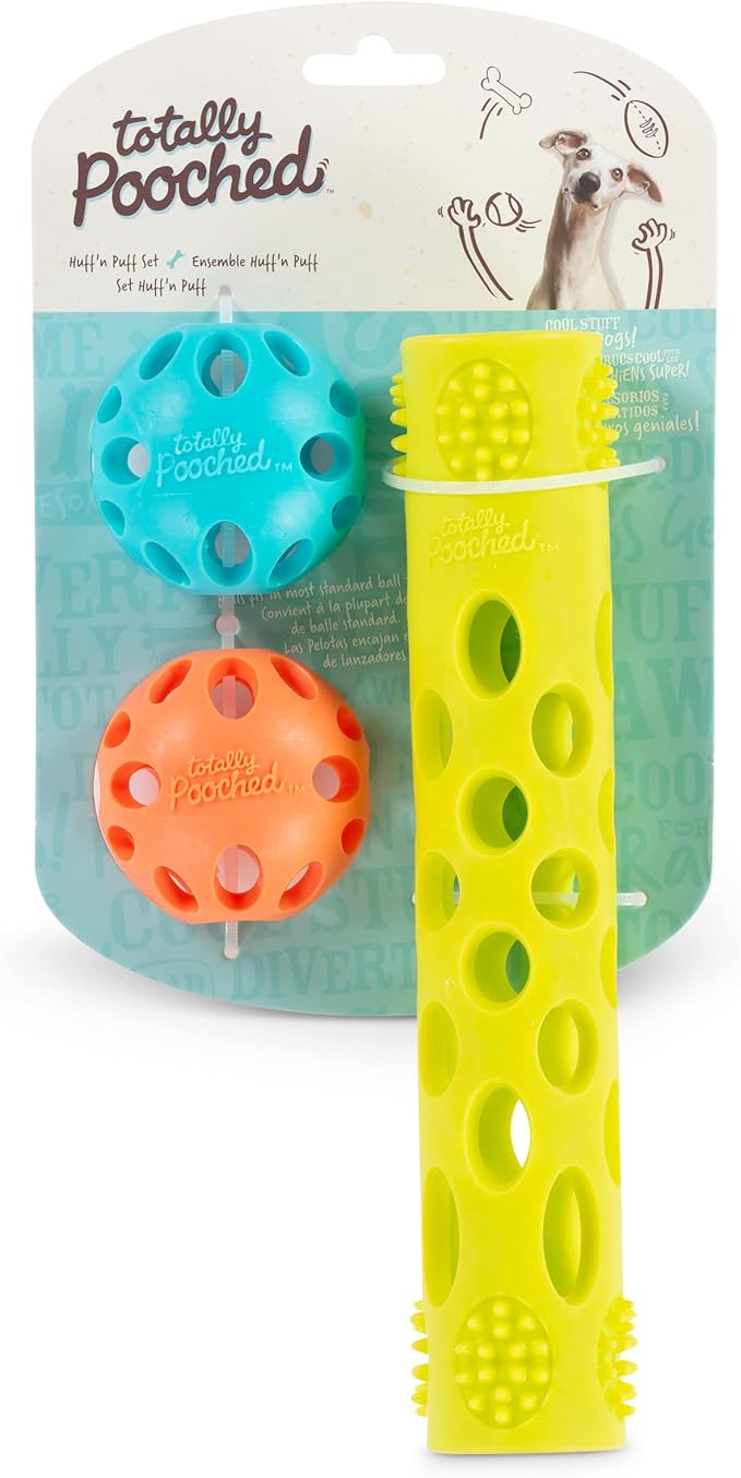 Messy Mutts Totally Pooched Huff'n Puff Toys | TPR Puzzle Toys for Dogs | 2-in-1 Durable Interactive Toy and Tooth Cleaner (Assorted, 3-Piece)