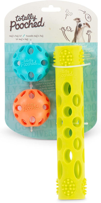 Messy Mutts Totally Pooched Huff'n Puff Toys | TPR Puzzle Toys for Dogs | 2-in-1 Durable Interactive Toy and Tooth Cleaner (Assorted, 3-Piece)