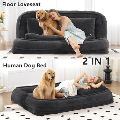 Foldable Lazy Sofa Bed, Double Human Dog Bed for Adults, Black | Skin-friendly Breathable Soft Chenille Upholstered, 5 Adjustable Backrest Positions, 3 Soft Cushions for Living Room