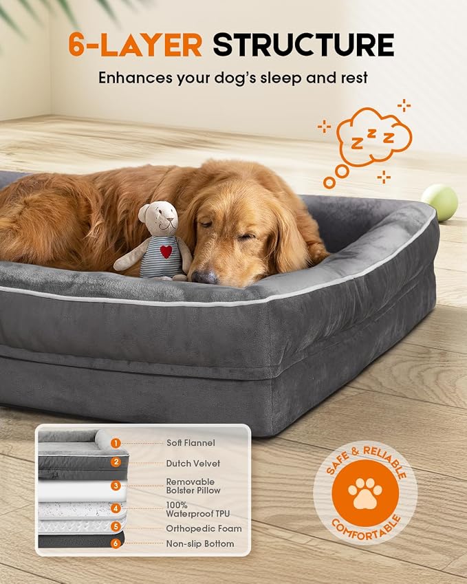 Upvilla Orthopedic Dog Bed, Four-Sided Medium Dog Sofa, Washable Cover Gray | Removable Waterproof Dog Bed Cover, Egg-Crate Orthopedic Foam, Built-In Carry Handle, Indoor Small Pet Beds, Cat Beds