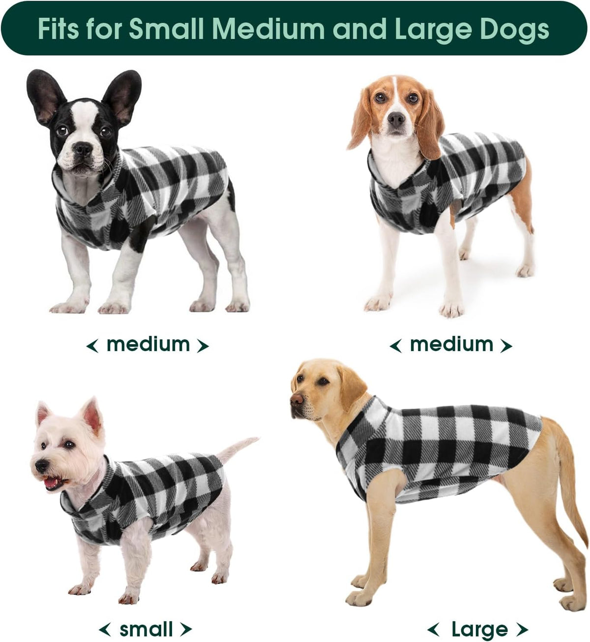 Kuoser Dog Fleece Vest,Warm Plaid Dog Sweater with Leash Hole,Soft Turtleneck Winter Pet Jacket Dogs Coat Pullover Clothes for Small Medium Dogs Cats,Spring Fall Cold Weather Christmas Outfit,Black S