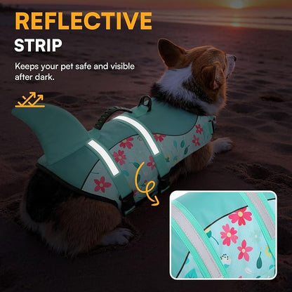 Dog Life Jacket, Dog Life Vest for Swimming, Medium Dogs Shark Safety Vest Adjustable Preserver with High Buoyancy, Pet Lifesaver for Medium Dogs, Blue Flower M