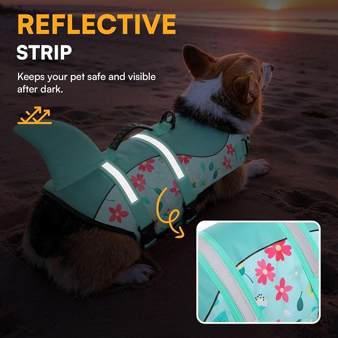 Dog Life Jacket, Dog Life Vest for Swimming, Doggie Shark Swimming Vest with Rescue Handle, Adjustable Reflective Pet Lifesaver Preserver for Small Dogs, Blue Flower XS