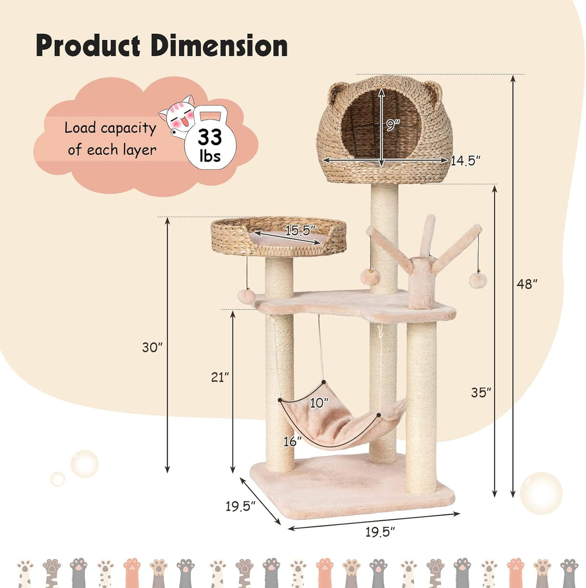 PETSITE Woven Cat Tree, Modern Cat Tower with Hammock & Scratching Posts, Cattail Condo & Top Perch, Cat Activity Tree for Indoor Cats