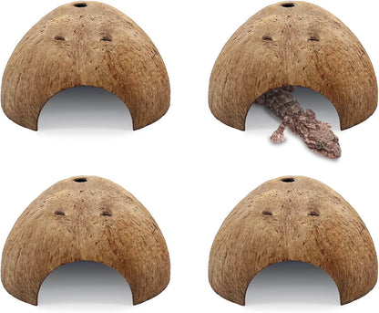 PINVNBY 4 PCS Natural Coconut Reptile Hideouts Lizard Coco Hut Hermit Crab Hut Aquarium Fish Hide Cave Spider Snail Climber Toys