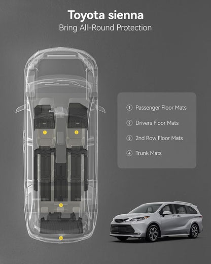 3W Floor Mats & Cargo Liner Fit Toyota Sienna Platinum with Refrigerator 2024-2026, TPE Custom Fit Floor Liner and Trunk Mat for Sienna 7 Seat (w/o Spare tire)