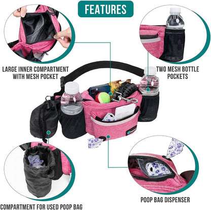 PetAmi Dog Fanny Pack, Treat Pouch for Dog Walking, Training, Built in Poop Bag Dispenser, Water Bottle Holder, Collapsible Bowl, Pet Treat Waist Belt for Hiking, Running, Kibbles (Pink)