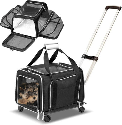 Airline Approved Expandable Premium Pet Carrier on Wheels- Two Sided Rolling Carrier- Designed for Dogs & Cats- Extra Spacious Soft Lined Carrier! (Black) (RL-PET-CARRIER-WHEELS)
