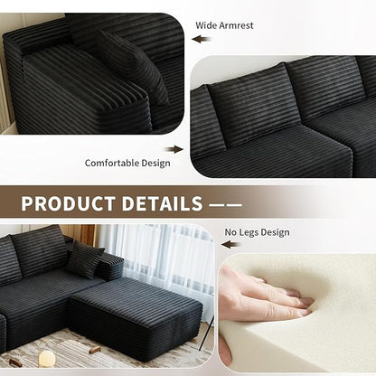 168.5" Modular Sectional Sofa, Oversized U-Shaped Minimalist Couches with 1 Middle Seat and 2 Ottomans Chaise, Modern Deep Seat Convertible Sleeper Sofa, Cloud Plush Corduroy Fabric,7 Seater, Black