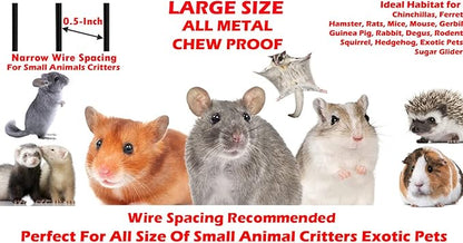 54" LARGE Wrought Iron 4-Level Chew-Proof Tight 1/2-inch Wire Spacing Ferret Squirrel Chinchilla Sugar Glider Rat Mice Rabbit Hamster Critter Home Cage Easy Clean Pull Out Tray Removable Rolling Stand