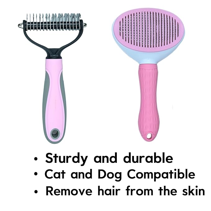 Pet Grooming Combo — Shedding Brush with Metal Comb for Detangling and Removing Undercoat in Long-Haired Dogs and Cats. helping reduce shedding by up to 95%.