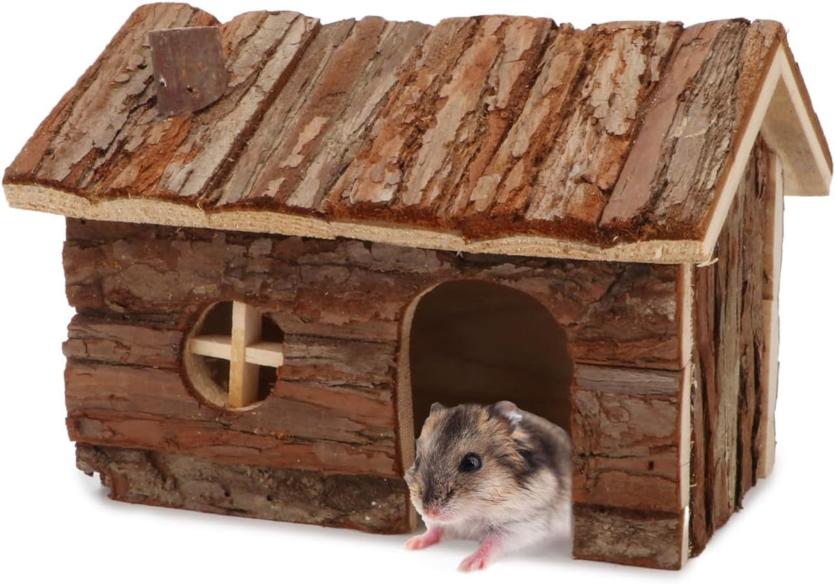 Hypeety Natural Wooden Hamster House Cage Small Animals House with Chimney for Pet Rats Gerbil Hideout Play House (M)