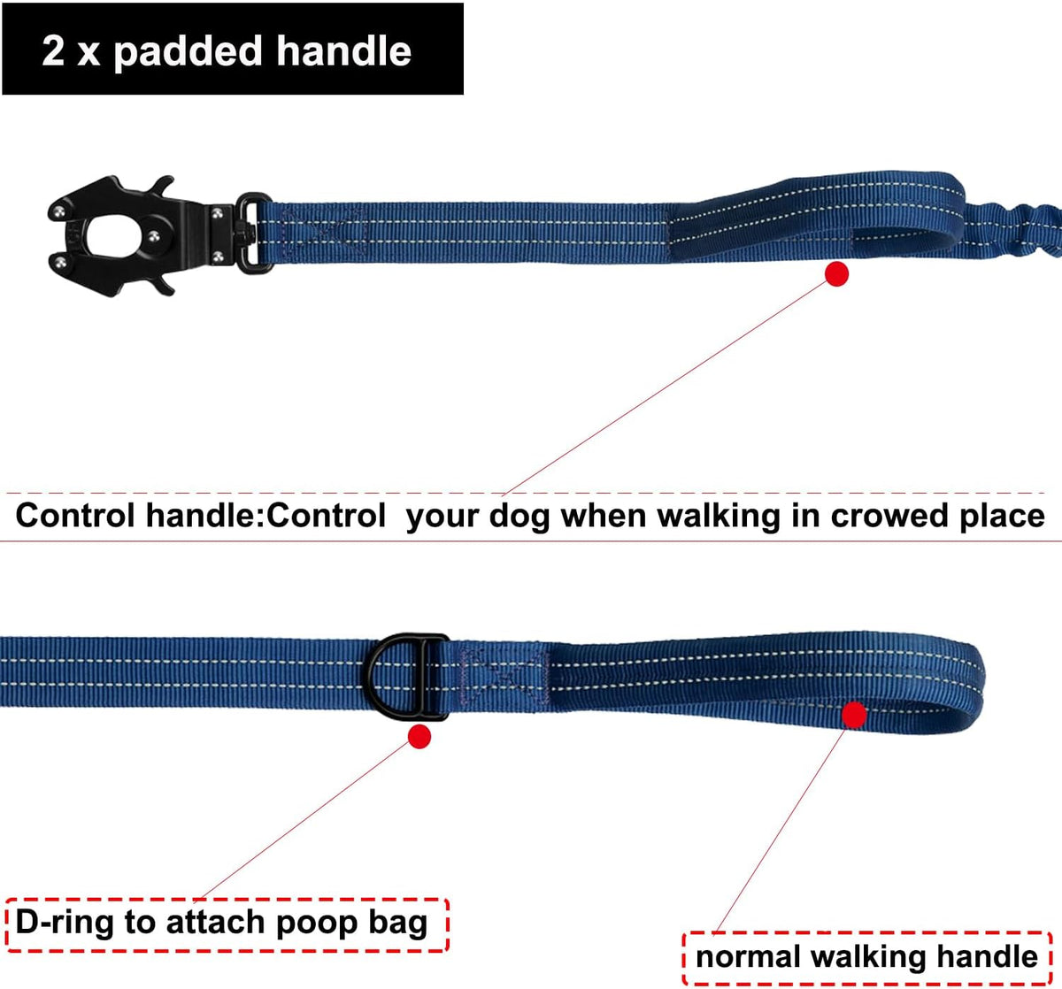 ICEFANG Tactical Dog Leash,K9 Training Walking Bungee Lead with 2 Control Handle,Heavy Duty Quick Release Metal Clasp,for Medium Large Breed (Reflective Blue, 6 FT)