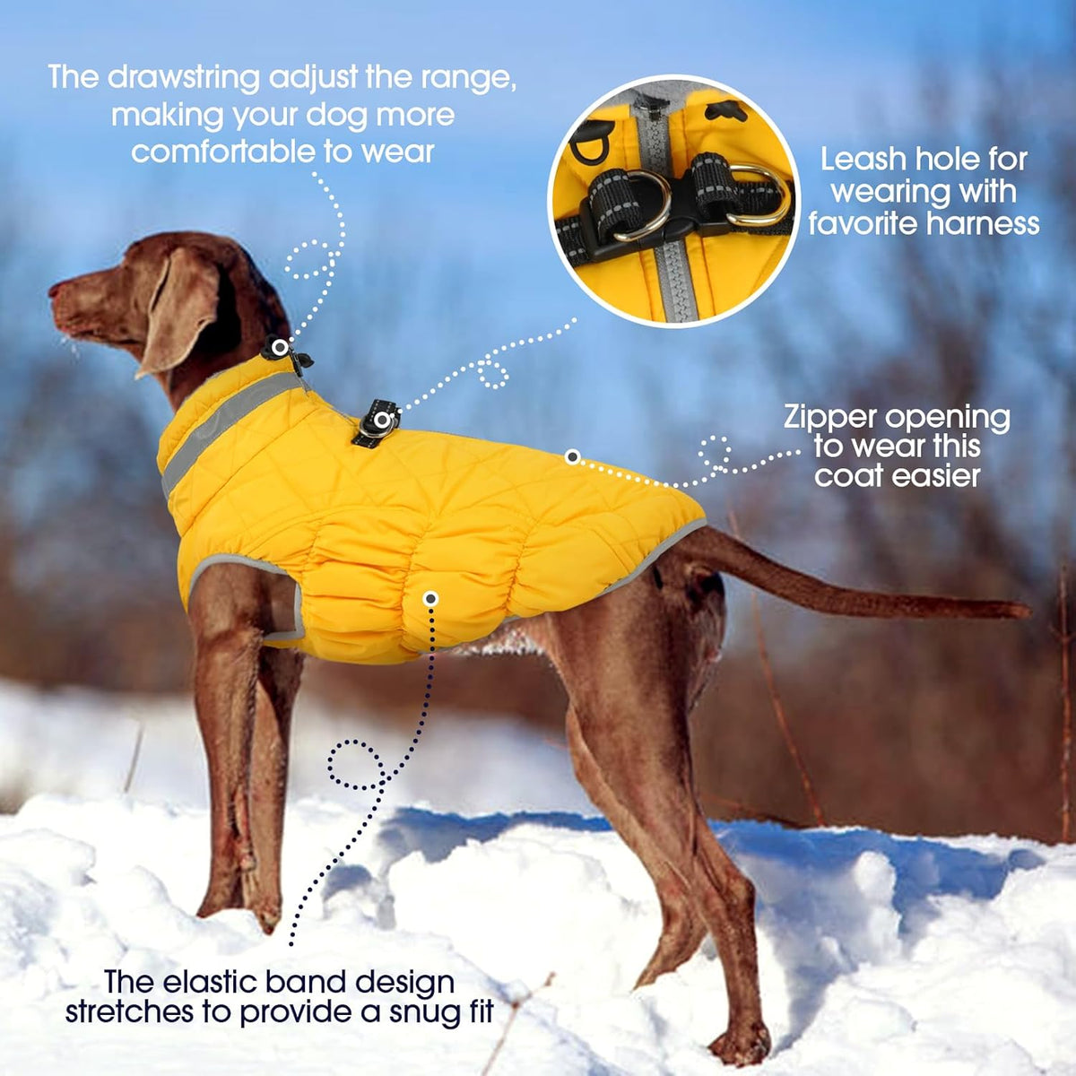FUAMEY Dog Coat for Small Dogs,Waterproof Dog Winter Jacket with Harness Built in Puppy Cold Weather Coats Reflective Pet Vest with Zipper Warm Fleece Dogs Snowsuit Windproof Yellow XS