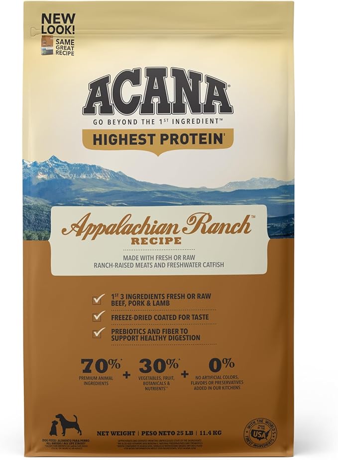 ACANA Highest Protein Grain Free Dry Dog Food Appalachian Ranch Recipe 25lb Bag