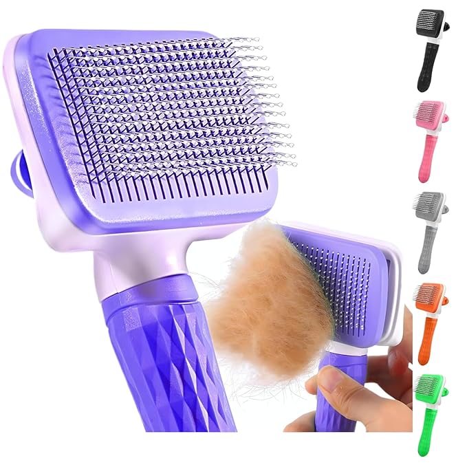 Pet Grooming Brush for Cats & Dogs, Self-Cleaning Undercoat Deshedding & Massage Tool, Purple
