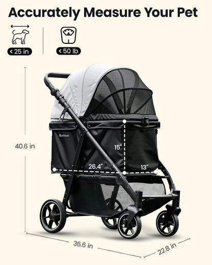 Medium Dog Stroller, Foldable Pet Stroller with Adjustable Handle & No Zip Entry, Storage Basket & Cup Holder, Canopy, Mesh Windows, Ideal for Medium Dogs and Cats Up to 50lbs, Black