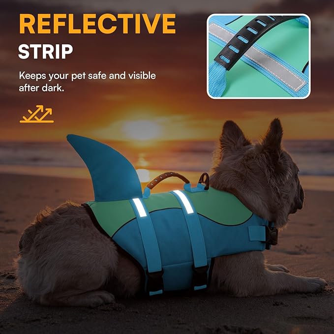 Shark Dog Life Jacket, Dog Life Vests for Boating, High Buoyant Pet Life Vest for Swimming, Adjustable Easy On Life Jackets for Small, Medium, Large Dogs (Pool Blue,XXL)