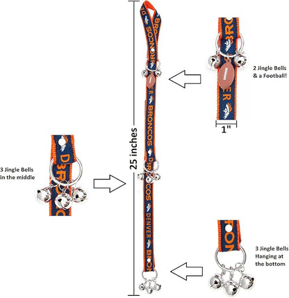 NFL Denver Broncos PET GIFT BOX with 2 Licensed DOG TOYS, 1 Logo-engraved NATURAL DOG TREAT, 1 NFL JERSEY, 1 NFL Puppy Training Bells & 1 Car Seatbelt