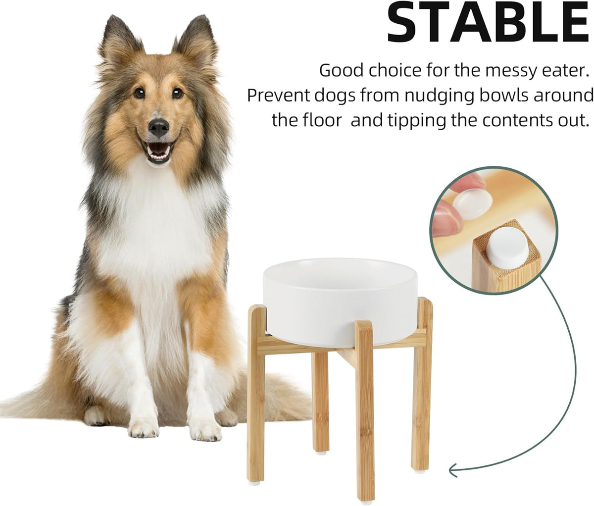 Ceramic Elevated Dog Bowl Set - Large Breed Dog Food and Water Bowl, Weighted Dishes (8.2'', 60OZ, White)