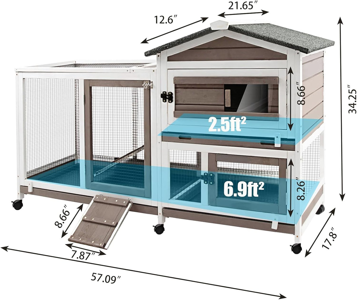 57" L Rabbit Hutch Indoor Outdoor 2 Story Large Bunny Hutch with Run Guinea Pig Cage Wooden Rabbit Cage with Removable 3 Pull Out Trays Pet House for Small-Medium Animals