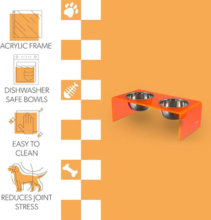 DBL2001E Keaton 7.5" Medium/Large Modern Acrylic Rectangular Elevated Pet Feeder with 54oz 2-Stainless Steel Bowls, Pink/Chrome