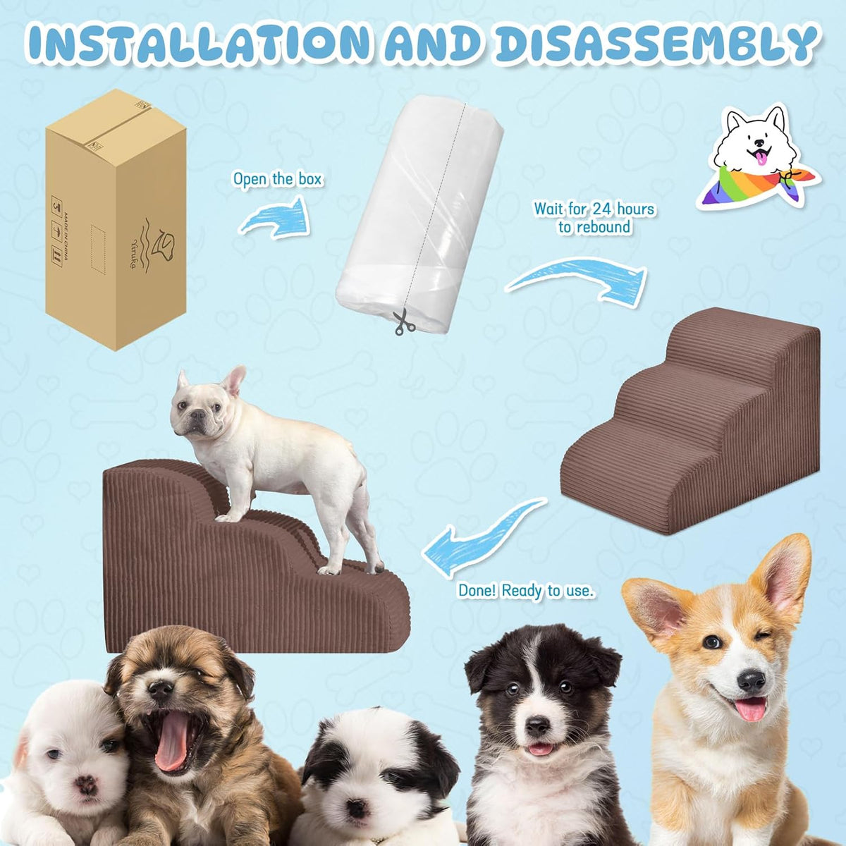 Dog Steps for Small Dogs, 4-Step Pet Ramp Stairs for High Beds and Sofa, Non-Slip Pet Stairs for Small Dogs and Cats, Removable and Easy to Clean Cover, Coffee
