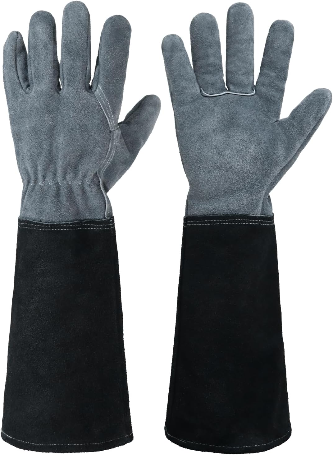 HANDLANDY Long Gardening Gloves for Men & Women, Cowhide Leather Rose Pruning Gloves, Breathable Thorn Proof Gauntlet Glove (Dark Grey-Black, M)