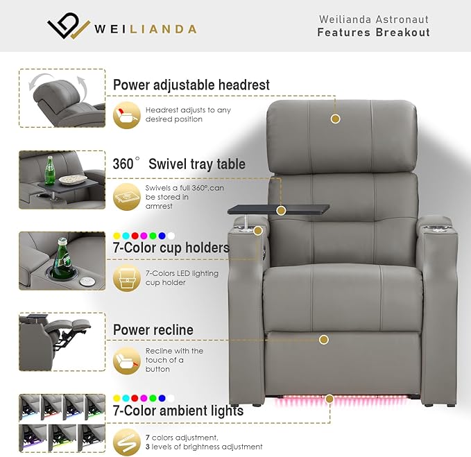 Weilianda Home Theater Seating, Top Grain Leather Sectional Seats Recliner Chair, Zero Gravity Reclining Sofa with Power Headrest 7 Colors Ambient Lighting USB C Charge Row of 2 Grey