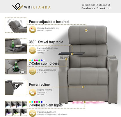 Weilianda Home Theater Seating, Top Grain Leather Sectional Seats Recliner Chair, Zero Gravity Reclining Sofa with Power Headrest 7 Colors Ambient Lighting USB C Charge Row of 2 Grey