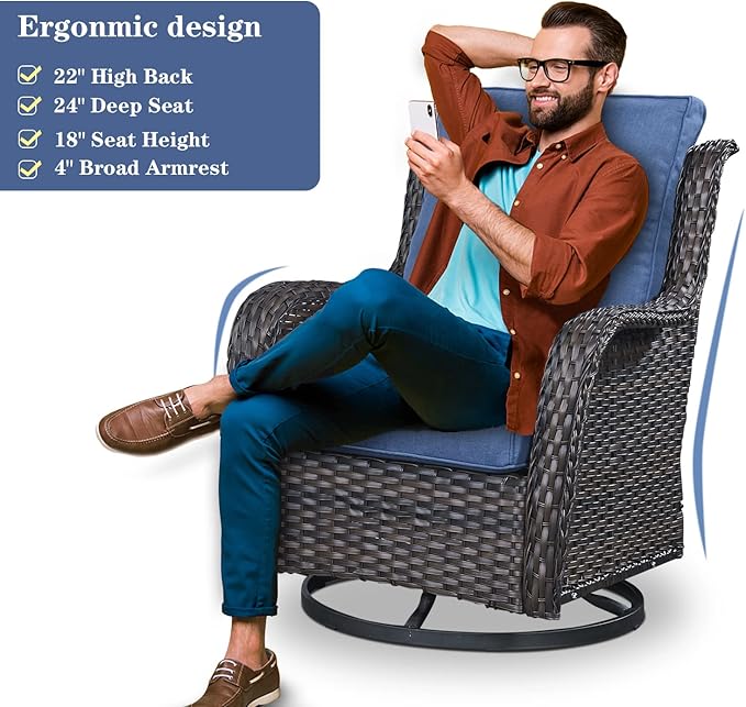Belord Wicker Patio Furniture Sets - 8 Piece Outdoor Rattan Furniture Conversation Sets with 4 Swivel Rocker Chairs, Rattan Sofa, Wicker Ottomans and Coffee Table, Brown/Blue