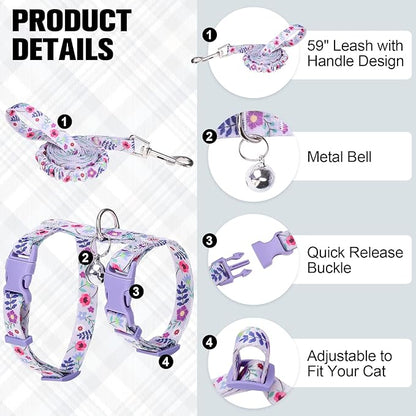 BEAUTYZOO Cat Harness and Leash Set Escape Proof for Walking, Kitten Soft Adjustable Vest Harnesses for Small Medium Large Cats, Easy Control Breathable Plaid Ribbon Nylon for Outdoor Indoor Use
